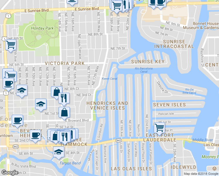 map of restaurants, bars, coffee shops, grocery stores, and more near 411 Hendricks Isle in Fort Lauderdale