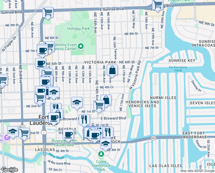 map of restaurants, bars, coffee shops, grocery stores, and more near 415 Northeast 15th Avenue in Fort Lauderdale