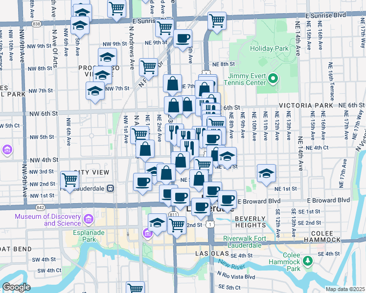 map of restaurants, bars, coffee shops, grocery stores, and more near 440 Northeast 4th Avenue in Fort Lauderdale