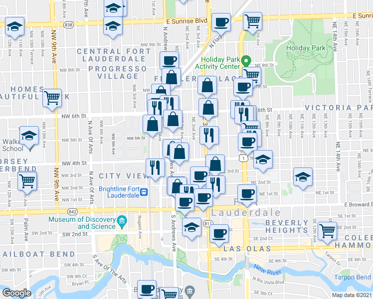 map of restaurants, bars, coffee shops, grocery stores, and more near 425 Northeast 2nd Avenue in Fort Lauderdale