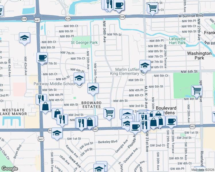 map of restaurants, bars, coffee shops, grocery stores, and more near in Lauderhill