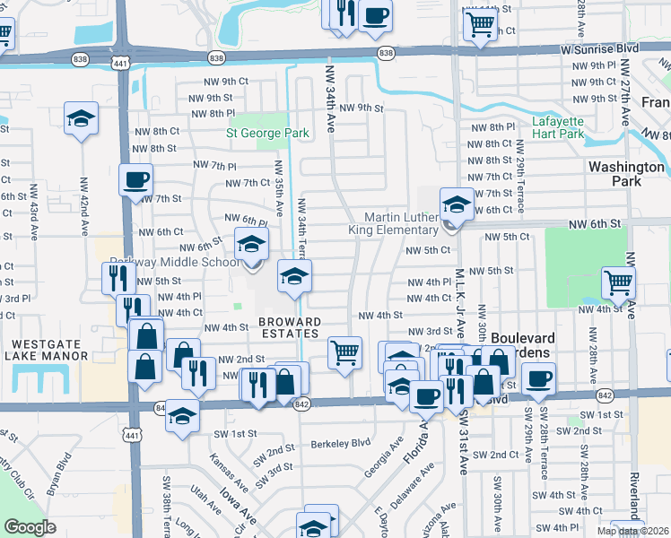 map of restaurants, bars, coffee shops, grocery stores, and more near 3460 Northwest 5th Court in Fort Lauderdale