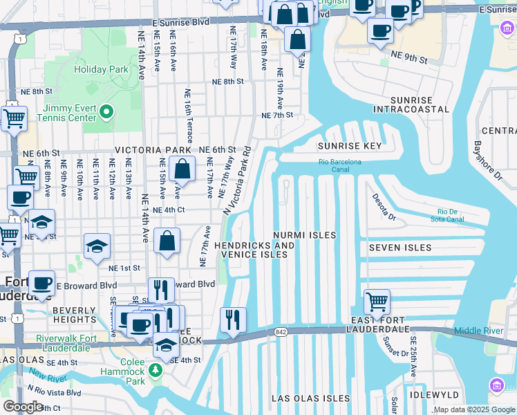 map of restaurants, bars, coffee shops, grocery stores, and more near 411 Hendricks Isle in Fort Lauderdale