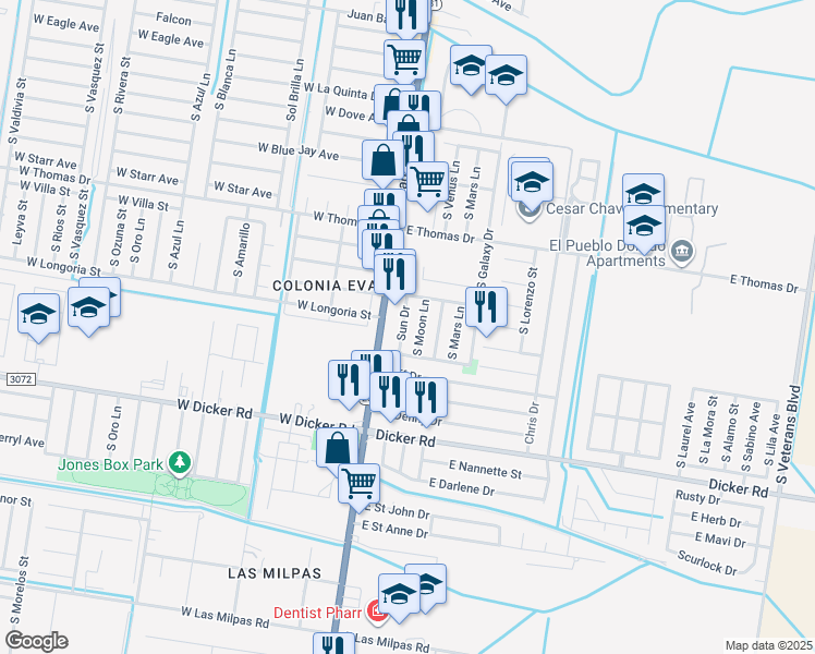 map of restaurants, bars, coffee shops, grocery stores, and more near 7003 Sun Drive in Pharr