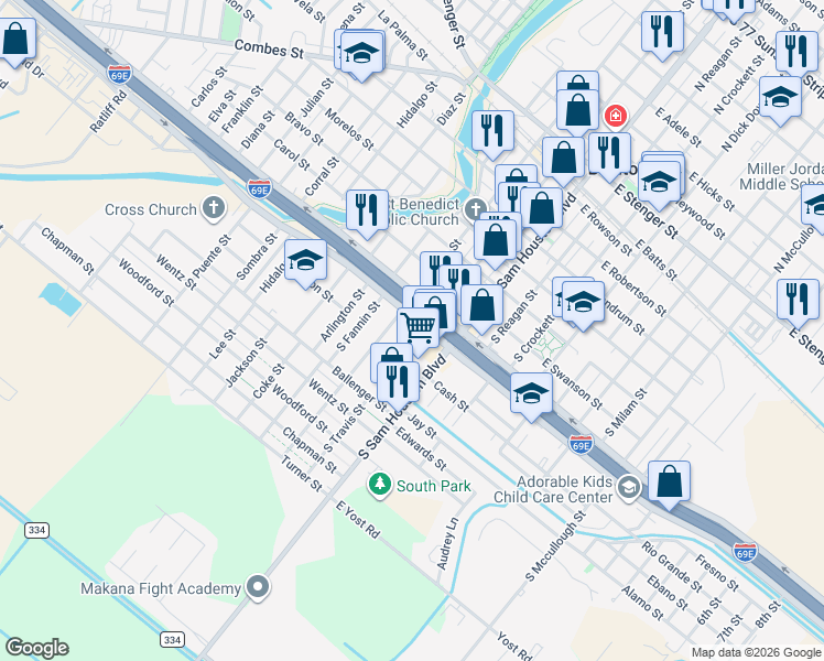 map of restaurants, bars, coffee shops, grocery stores, and more near 223 West Expressway 83 in San Benito