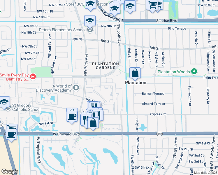 map of restaurants, bars, coffee shops, grocery stores, and more near 169 Northwest 68th Avenue in Plantation