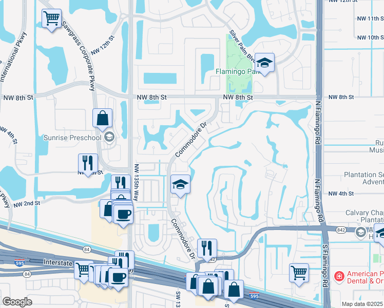 map of restaurants, bars, coffee shops, grocery stores, and more near 219 Northwest 132nd Terrace in Plantation