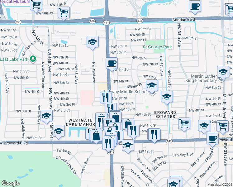 map of restaurants, bars, coffee shops, grocery stores, and more near 521 Northwest 39th Avenue in Plantation