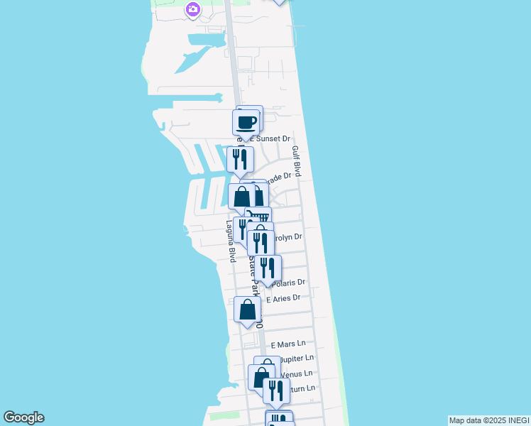 map of restaurants, bars, coffee shops, grocery stores, and more near 107A East Morningside Drive in South Padre Island