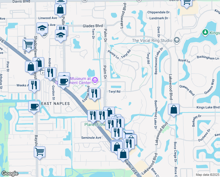 map of restaurants, bars, coffee shops, grocery stores, and more near 175 Palm Drive in Naples