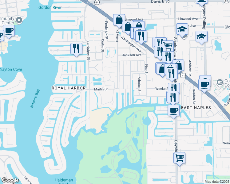map of restaurants, bars, coffee shops, grocery stores, and more near 300 Marlin Drive in Naples