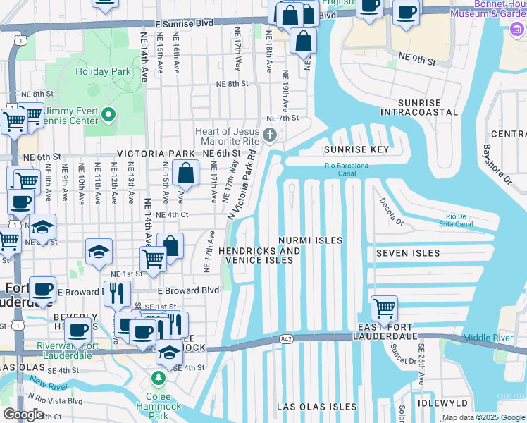 map of restaurants, bars, coffee shops, grocery stores, and more near 411 Hendricks Isle in Fort Lauderdale