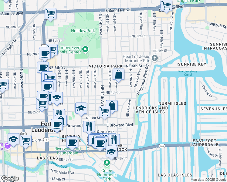 map of restaurants, bars, coffee shops, grocery stores, and more near 415 Northeast 15th Avenue in Fort Lauderdale