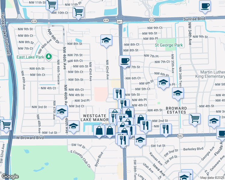 map of restaurants, bars, coffee shops, grocery stores, and more near 4101 Northwest 4th Street in Plantation