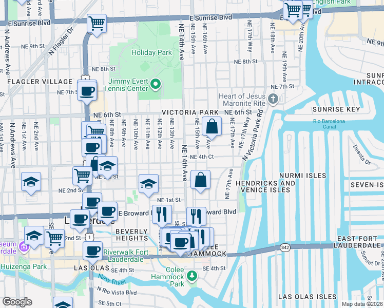 map of restaurants, bars, coffee shops, grocery stores, and more near 415 Northeast 15th Avenue in Fort Lauderdale
