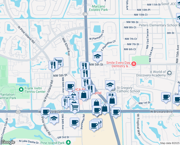 map of restaurants, bars, coffee shops, grocery stores, and more near 7981 Northwest 4th Street in Plantation