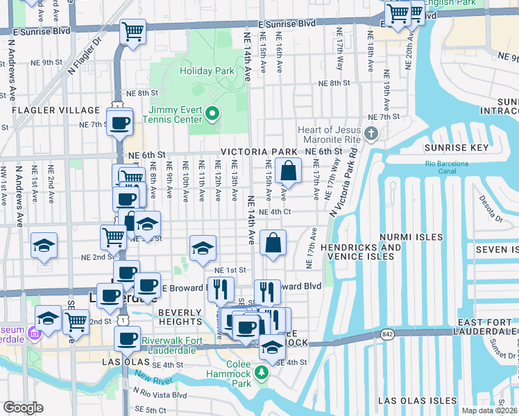 map of restaurants, bars, coffee shops, grocery stores, and more near 1409 Northeast 4th Court in Fort Lauderdale