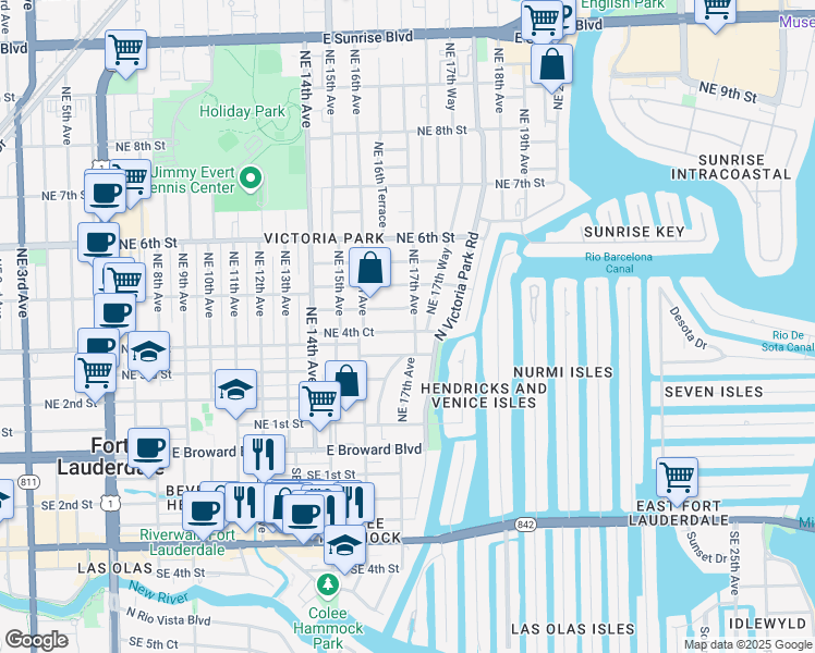 map of restaurants, bars, coffee shops, grocery stores, and more near 417 Northeast 17th Avenue in Fort Lauderdale