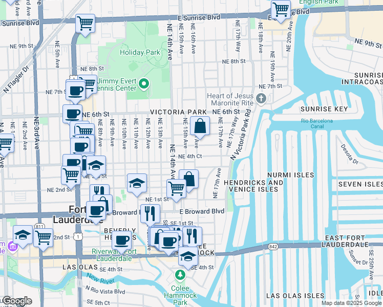 map of restaurants, bars, coffee shops, grocery stores, and more near 415 Northeast 15th Avenue in Fort Lauderdale