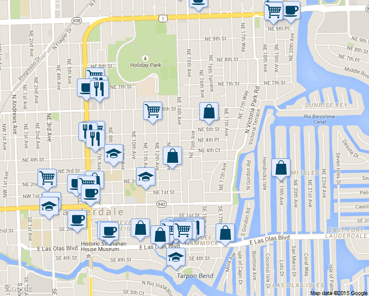 map of restaurants, bars, coffee shops, grocery stores, and more near 415 Northeast 15th Avenue in Fort Lauderdale