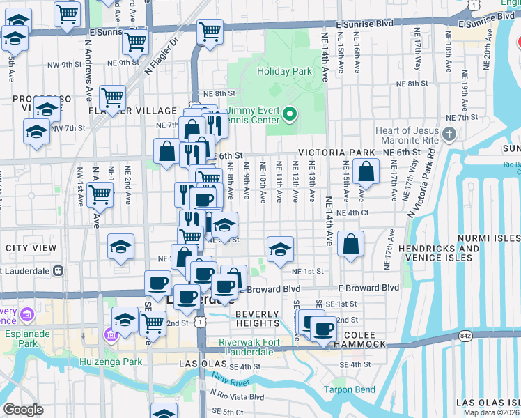 map of restaurants, bars, coffee shops, grocery stores, and more near 416 Northeast 10th Avenue in Fort Lauderdale