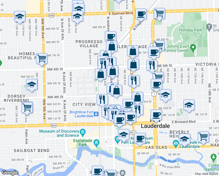 map of restaurants, bars, coffee shops, grocery stores, and more near 404 North Andrews Avenue in Fort Lauderdale