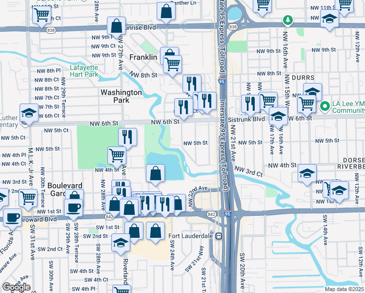 map of restaurants, bars, coffee shops, grocery stores, and more near 451 Northwest 23rd Avenue in Fort Lauderdale