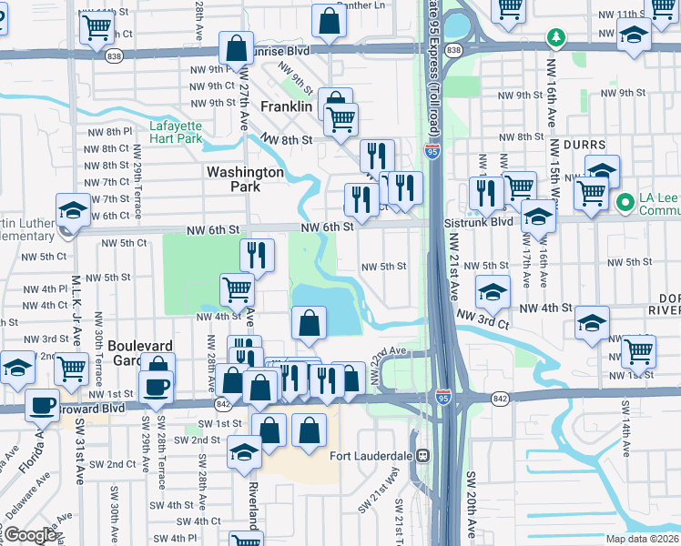 map of restaurants, bars, coffee shops, grocery stores, and more near 451 Northwest 23rd Avenue in Fort Lauderdale