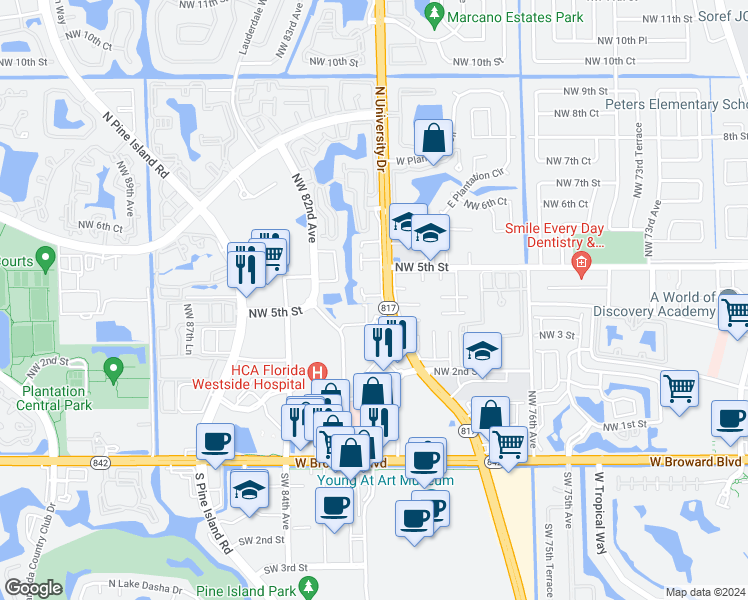 map of restaurants, bars, coffee shops, grocery stores, and more near 413 North University Drive in Plantation