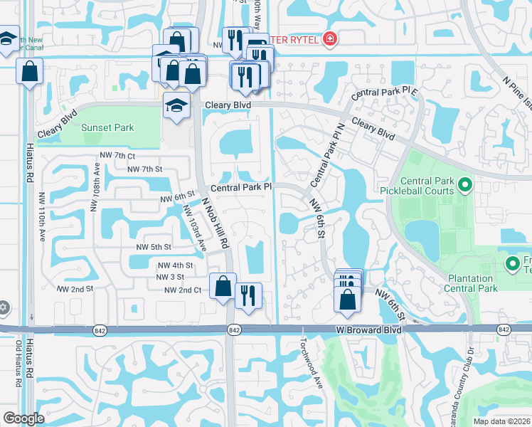 map of restaurants, bars, coffee shops, grocery stores, and more near 10001 Northwest 4th Street in Plantation