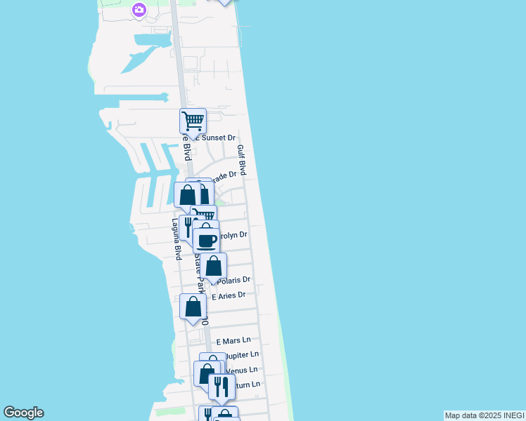 map of restaurants, bars, coffee shops, grocery stores, and more near 5518 Gulf Boulevard in South Padre Island