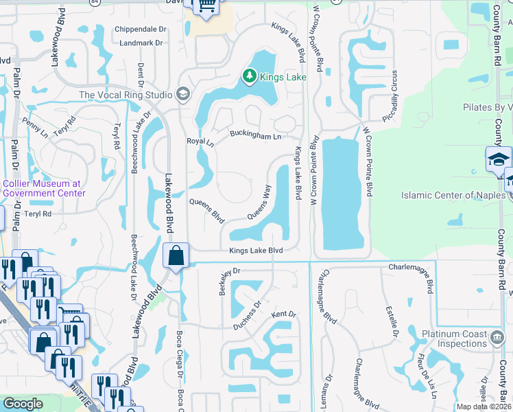map of restaurants, bars, coffee shops, grocery stores, and more near 2299 Queens Way in Naples