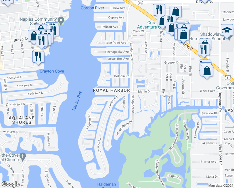 map of restaurants, bars, coffee shops, grocery stores, and more near 1498 Marlin Drive in Naples