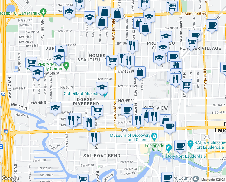 map of restaurants, bars, coffee shops, grocery stores, and more near 429 Northwest 9th Avenue in Fort Lauderdale