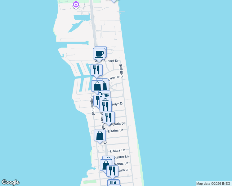map of restaurants, bars, coffee shops, grocery stores, and more near 115 East Morningside Drive in South Padre Island
