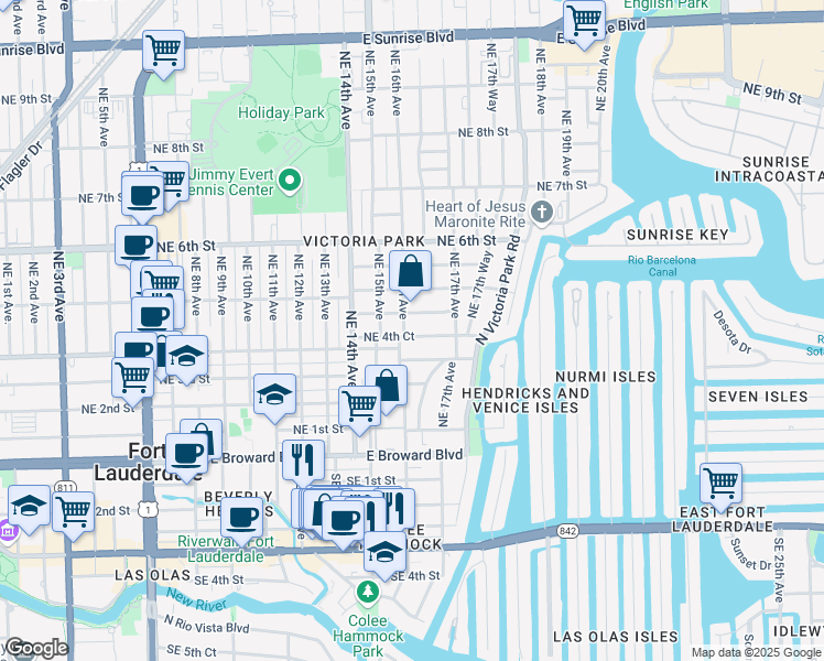 map of restaurants, bars, coffee shops, grocery stores, and more near 1601 Northeast 4th Court in Fort Lauderdale