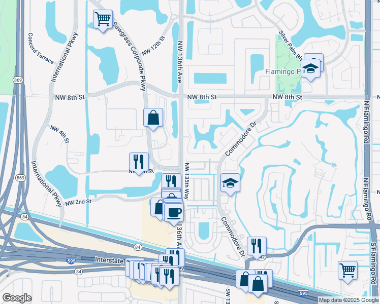 map of restaurants, bars, coffee shops, grocery stores, and more near 564 Northwest 135th Terrace in Plantation