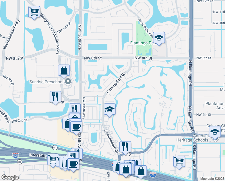 map of restaurants, bars, coffee shops, grocery stores, and more near 610 Commodore Drive in Plantation