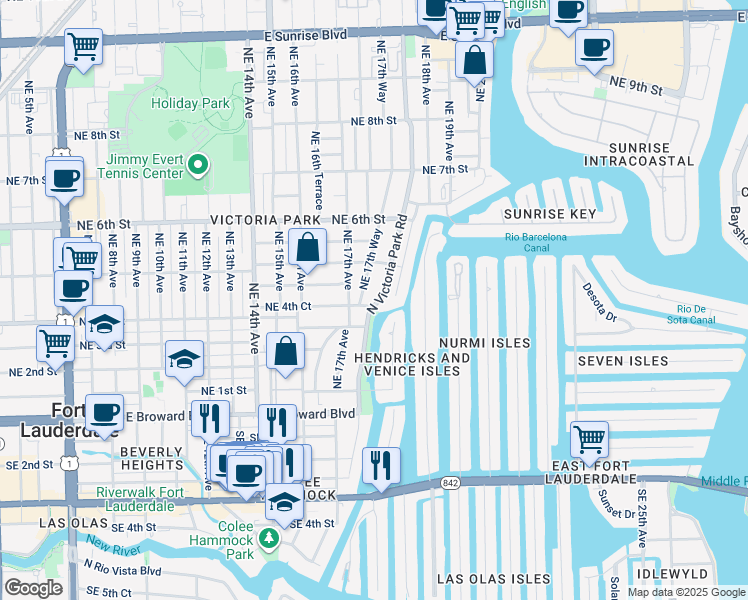 map of restaurants, bars, coffee shops, grocery stores, and more near 417 North Victoria Park Road in Fort Lauderdale