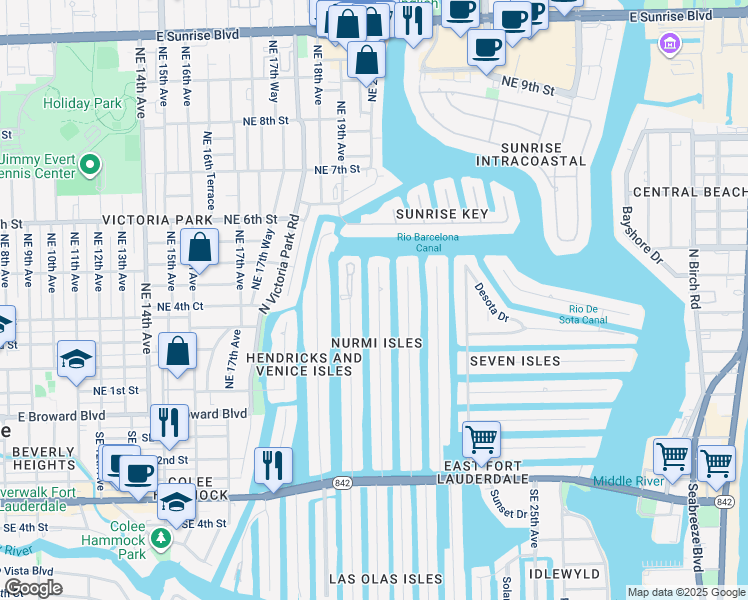 map of restaurants, bars, coffee shops, grocery stores, and more near 163 Fiesta Way in Fort Lauderdale