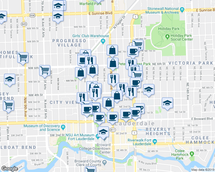 map of restaurants, bars, coffee shops, grocery stores, and more near 434 Northeast 2nd Avenue in Fort Lauderdale