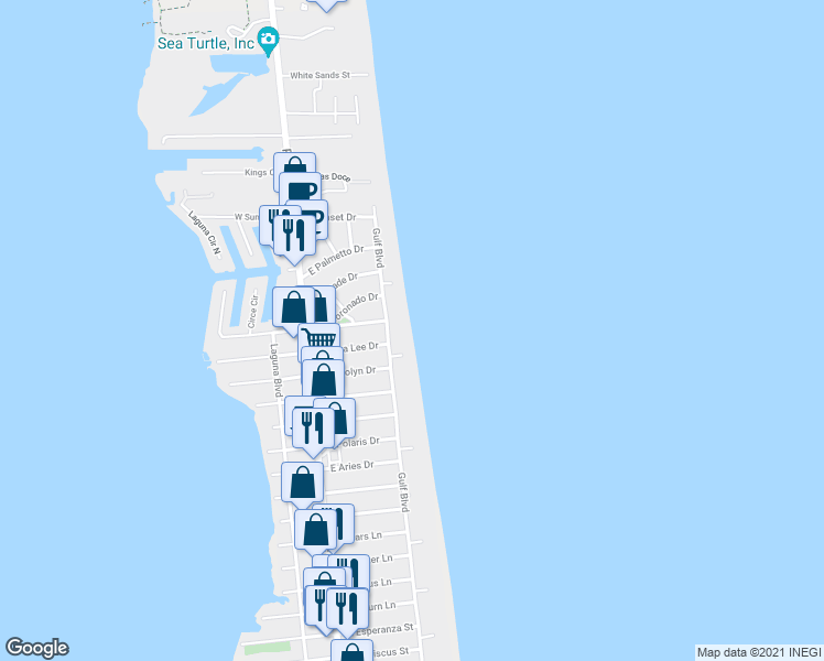 map of restaurants, bars, coffee shops, grocery stores, and more near 5518 Gulf Blvd in South Padre Island