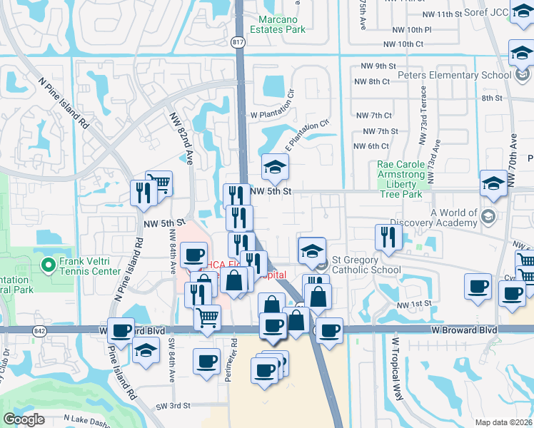 map of restaurants, bars, coffee shops, grocery stores, and more near 7921 Northwest 4th Street in Plantation
