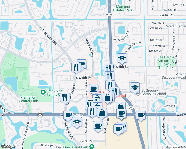 map of restaurants, bars, coffee shops, grocery stores, and more near Northwest 82nd Avenue in Plantation