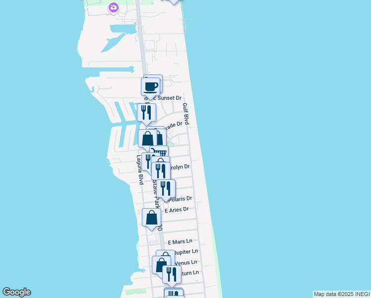 map of restaurants, bars, coffee shops, grocery stores, and more near 123 East Morningside Drive in South Padre Island