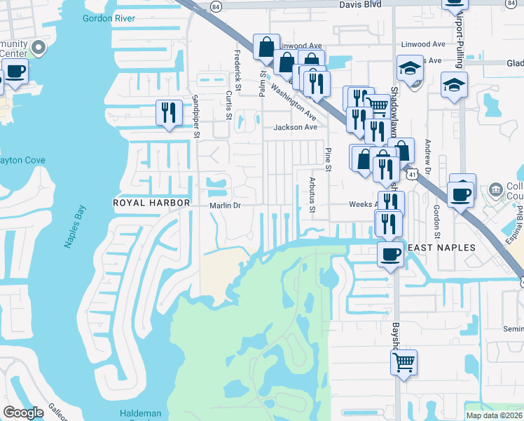 map of restaurants, bars, coffee shops, grocery stores, and more near 300 Marlin Drive in Naples