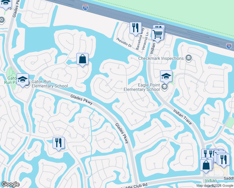 map of restaurants, bars, coffee shops, grocery stores, and more near 800 Savannah Falls Drive in Weston