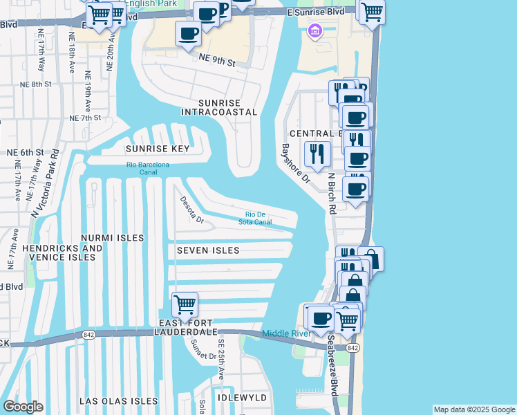 map of restaurants, bars, coffee shops, grocery stores, and more near 2533 Aqua Vista Boulevard in Fort Lauderdale