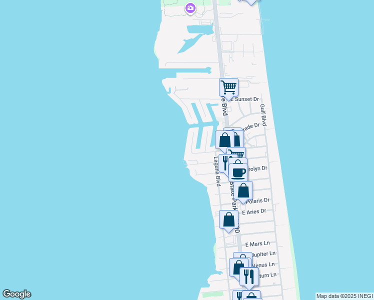 map of restaurants, bars, coffee shops, grocery stores, and more near 5605 South Laguna Circle in South Padre Island