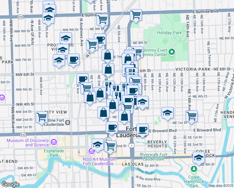 map of restaurants, bars, coffee shops, grocery stores, and more near 452 Northeast 5th Street in Fort Lauderdale